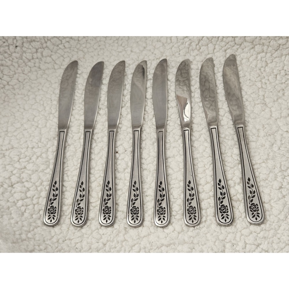 SET OF 8 ROGERS STANLEY ROBERTS‎ FLORAL MIST STAINLESS STEEL KNIVES